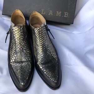 L.A.M.B. Leah Black Gold Snakeskin Ankle Booties
